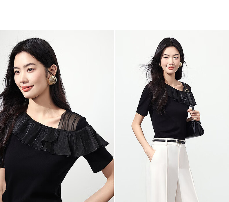 Yixiang Liying Ruffle Short Sleeve T-Shirt Women 2026 Summer New Mesh Splice Top Ink Black S 11