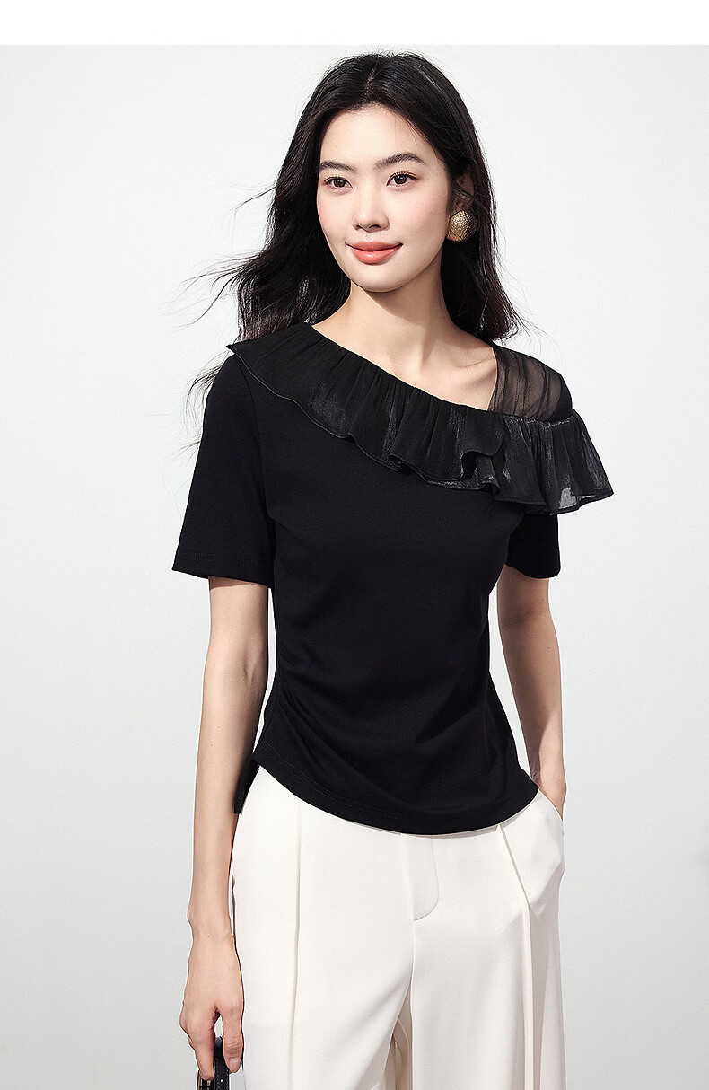 Yixiang Liying Ruffle Short Sleeve T-Shirt Women 2026 Summer New Mesh Splice Top Ink Black S 20