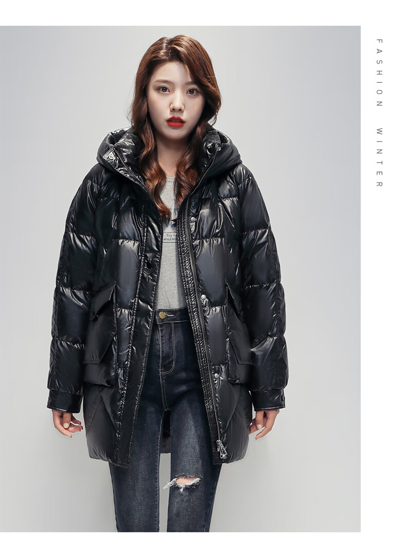 丫丫羽绒服女衣中长款加厚2022年冬韩版亮面免洗宽松保暖外套 蓝色 m