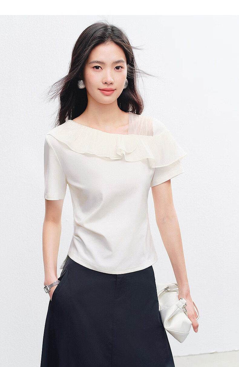 Yixiang Liying Ruffle Short Sleeve T-Shirt Women 2026 Summer New Mesh Splice Top Ink Black S 27