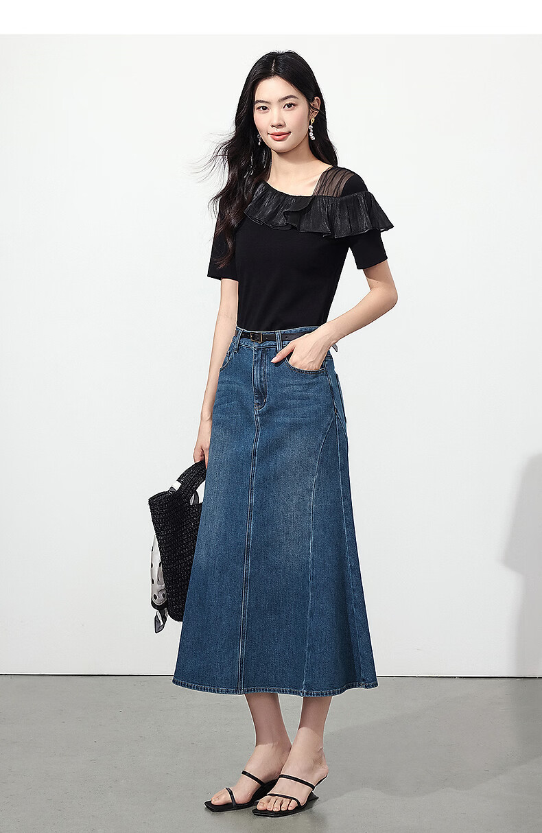 Yixiang Liying Ruffle Short Sleeve T-Shirt Women 2026 Summer New Mesh Splice Top Ink Black S 25