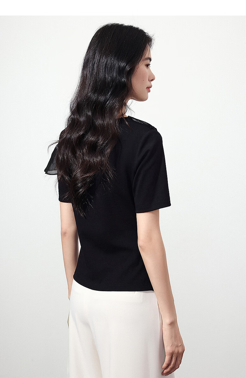 Yixiang Liying Ruffle Short Sleeve T-Shirt Women 2026 Summer New Mesh Splice Top Ink Black S 24
