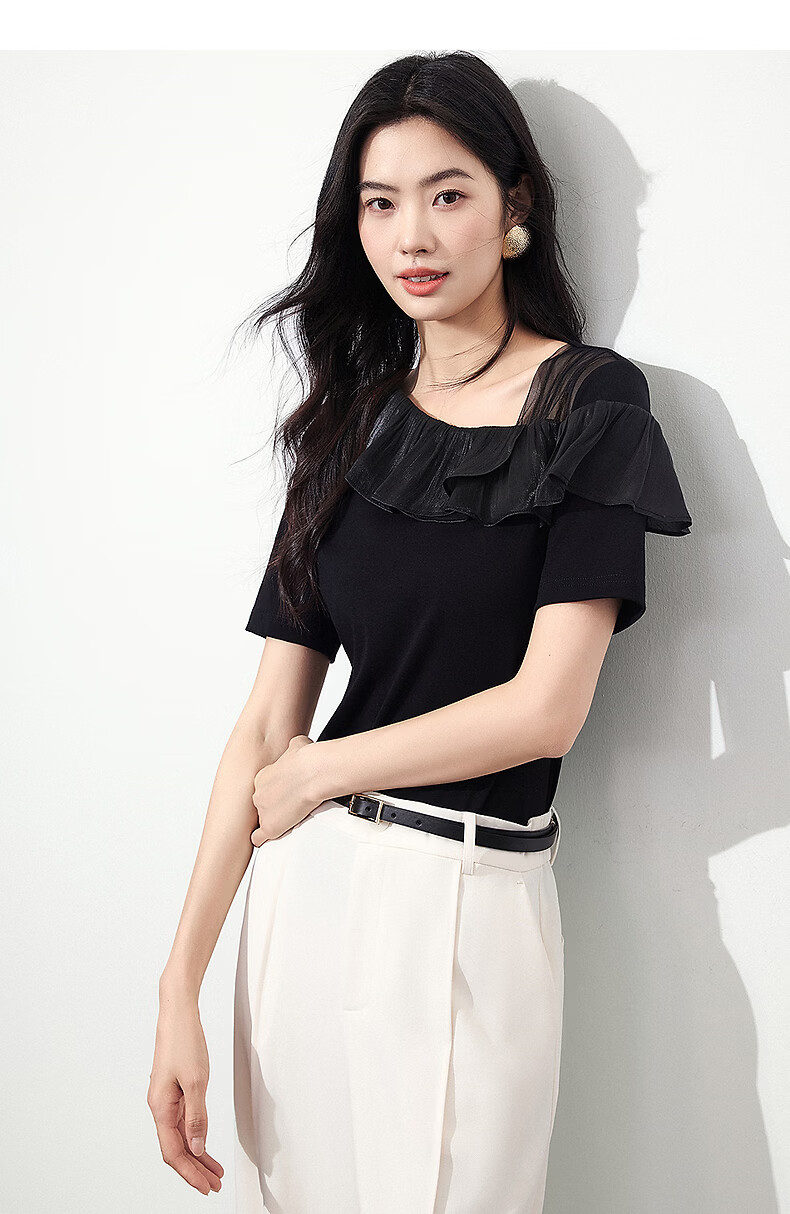 Yixiang Liying Ruffle Short Sleeve T-Shirt Women 2026 Summer New Mesh Splice Top Ink Black S 22
