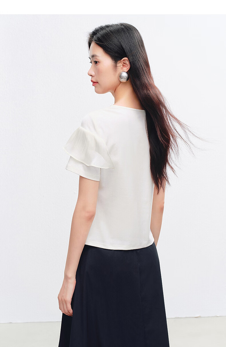 Yixiang Liying Ruffle Short Sleeve T-Shirt Women 2026 Summer New Mesh Splice Top Ink Black S 30