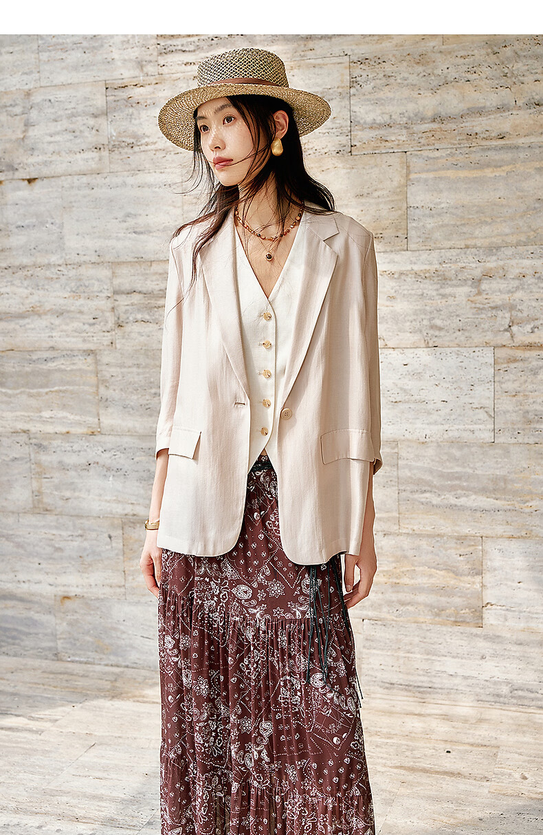 Yixiang Liying Lightweight Linen Blazer 2026 Summer New Loose Draped Short Jacket Beige 160/84A/M 22