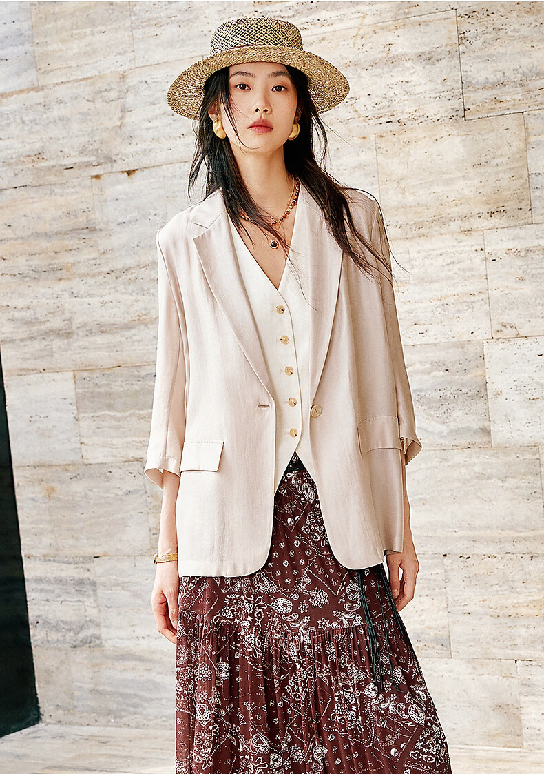 Yixiang Liying Lightweight Linen Blazer 2026 Summer New Loose Draped Short Jacket Beige 160/84A/M 2