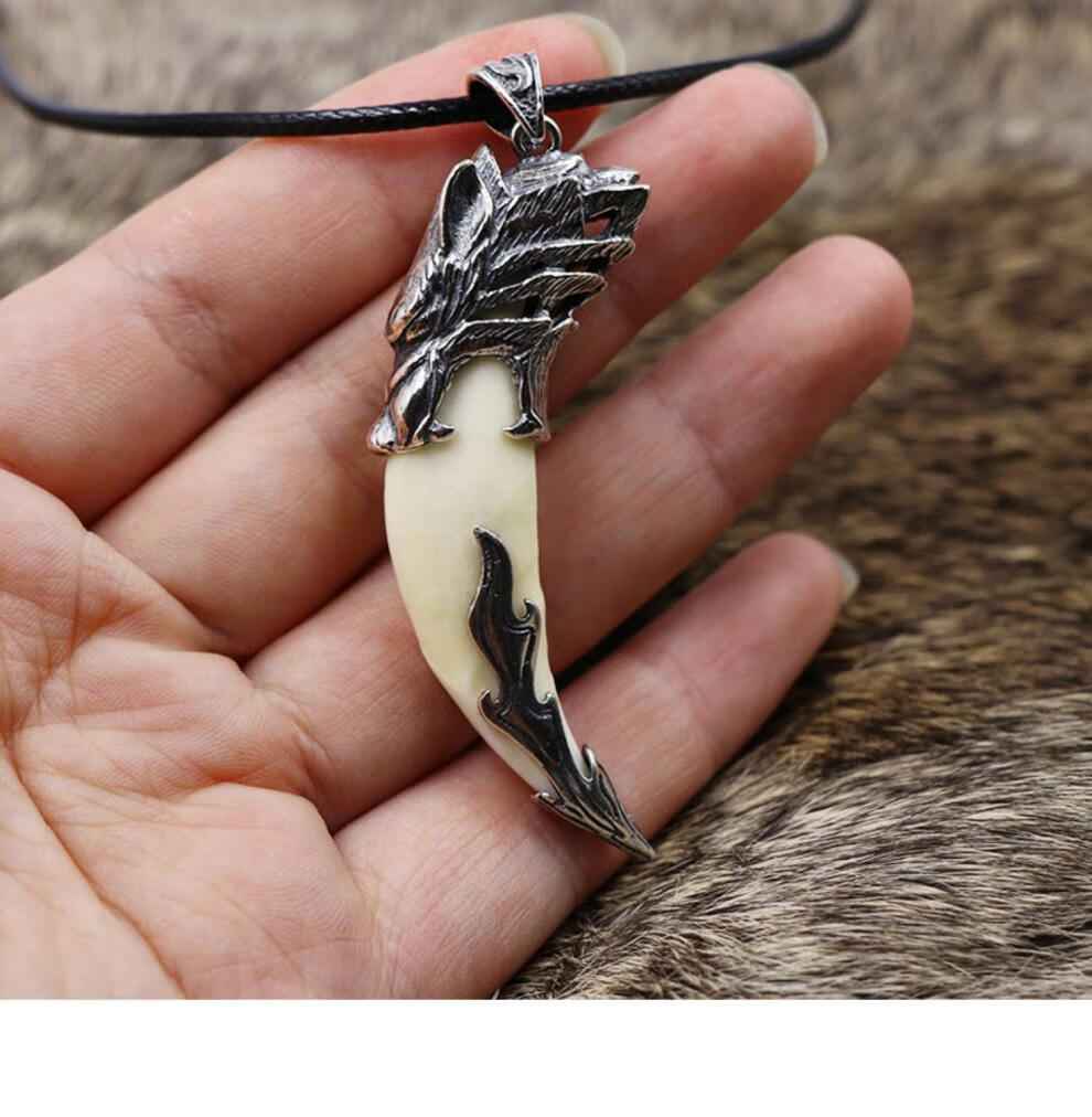 镶嵌真黑狗牙齿牙吊坠狼牙包银男士项链饰品随身携带复古挂件 925银