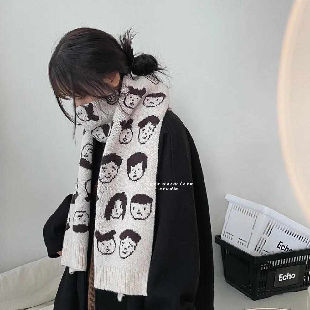 xpmr新品保暖针织围巾女冬季保暖学生韩版可爱卡通头像少女百搭长款