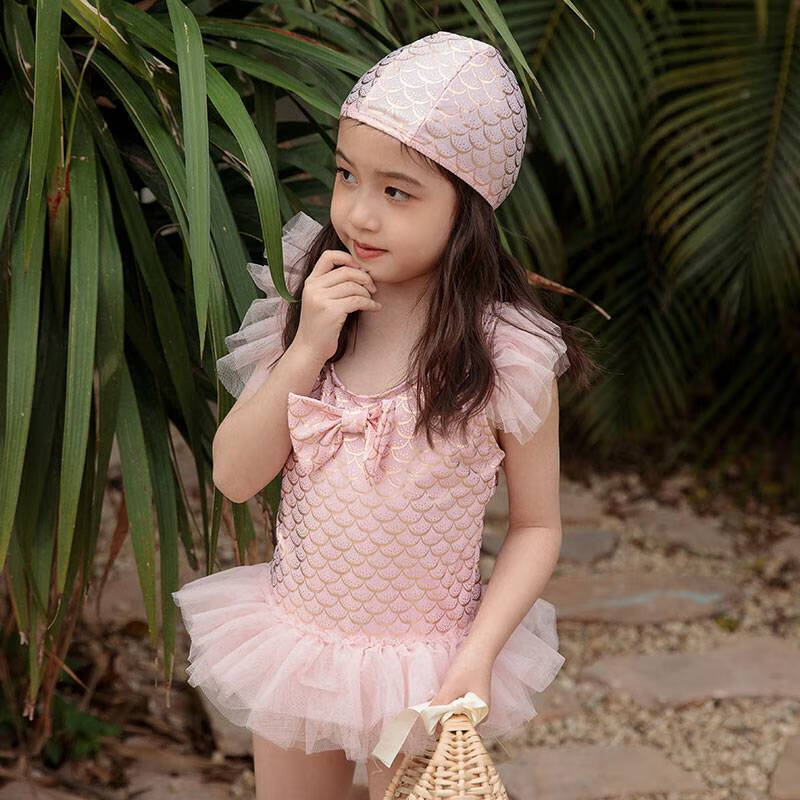 女童连体裙式2-8岁3小女孩纱裙粉色美人鱼游泳衣服 粉色 泳衣 泳帽 80