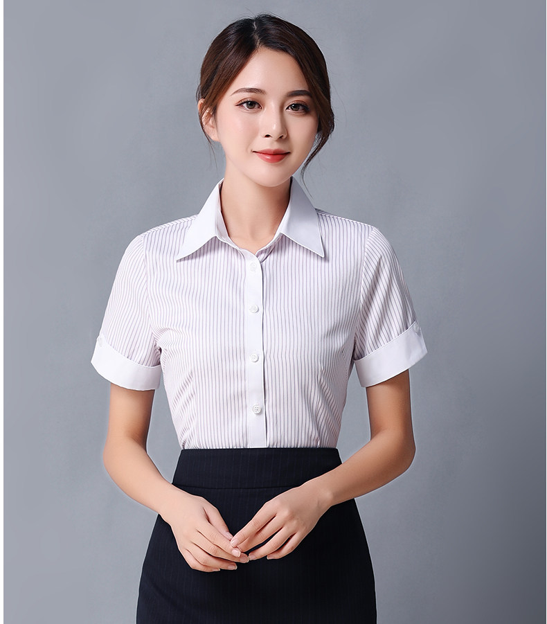 中行工作服女衬衫新款短袖衬衣女紫兰条纹尖领夏季行服工服 中行【紫
