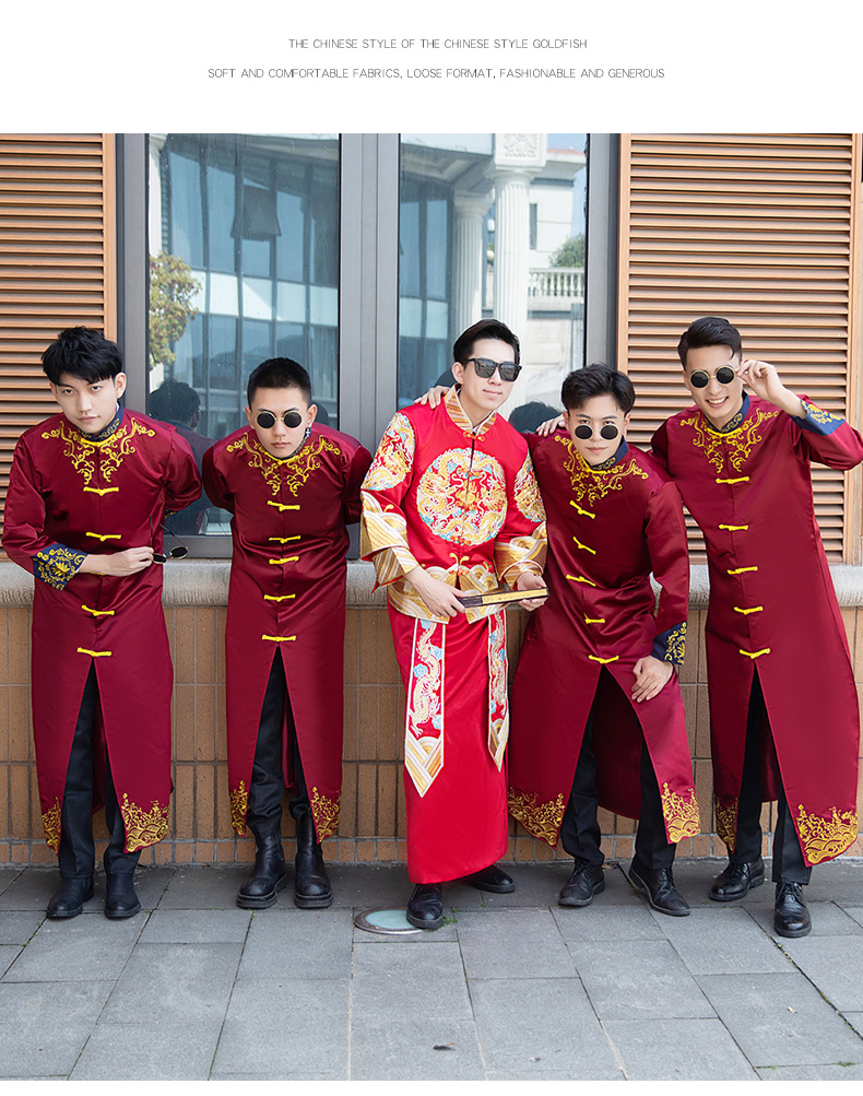 伴郎服套装中式春秋婚礼装男士兄弟团衣新郎接亲大褂长袍长衫 缎面酒