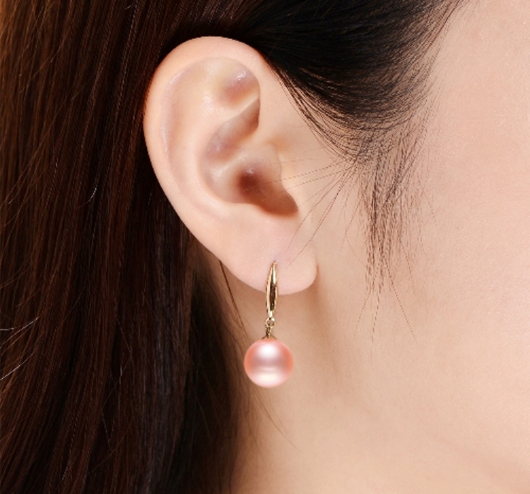 南珠世家滴水成珠橘粉色圆形淡水珍珠耳环18k金耳钩时尚精致耳饰送