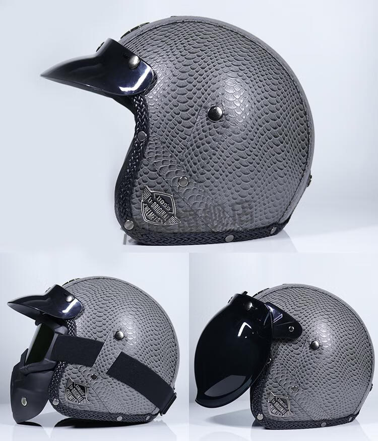 头盔voss哈雷头盔男复古头盔女手工pu皮电动车3/4盔半盔四季 黑花纹配