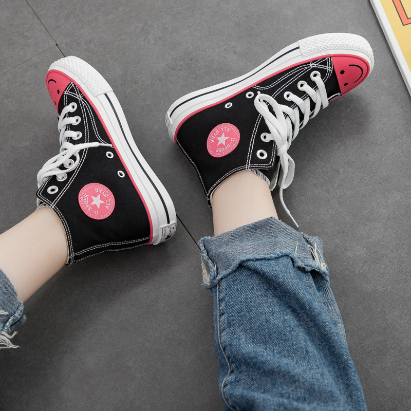 时尚潮流百搭新款小学生黑白高帮帆布鞋少女球鞋初中女生平底高腰球鞋