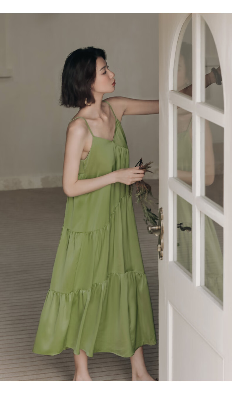弥古牛油果连衣裙感法式绿色吊带裙宽松女夏季长裙设计感小众 青樱