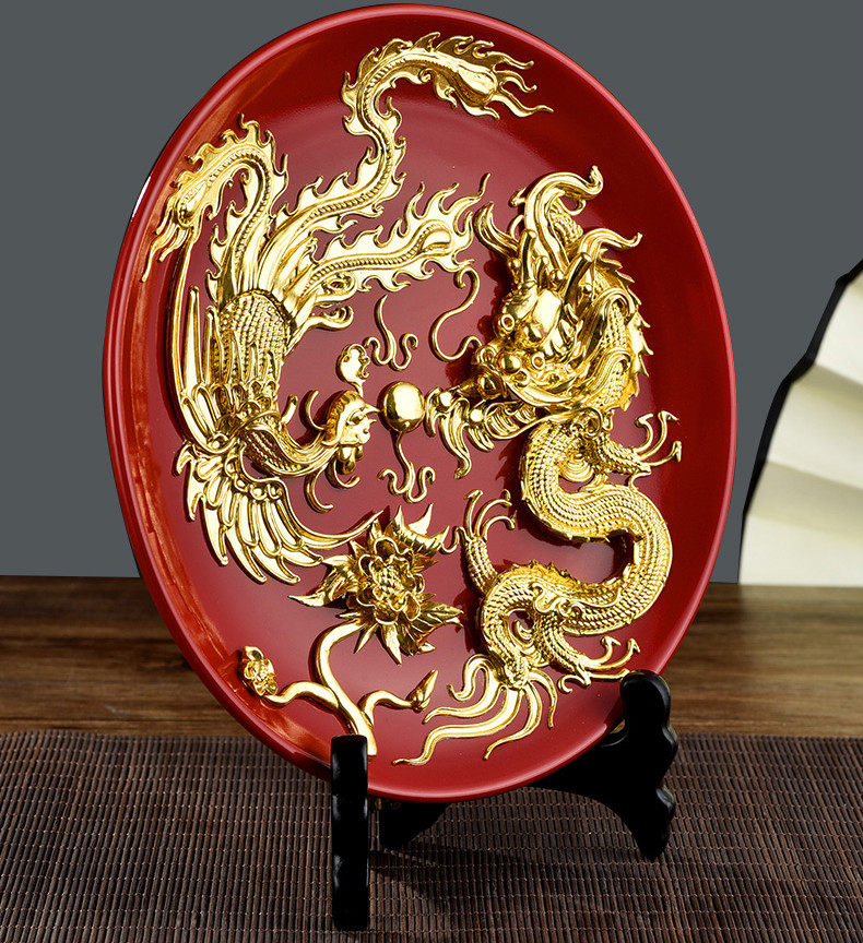 釉摆盘家用中国红漆线雕摆件礼品中式结婚礼物送新人红釉龙凤盘10寸