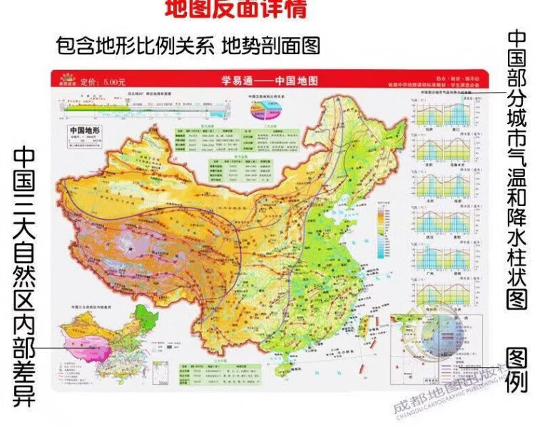 同飞中国世界地理政区地形洋流气候图小号学生桌面速查防水学习地图 中国地图【正面政区反面地形图】 32cm*23.5cm【A4大小】 商品详情图 3
