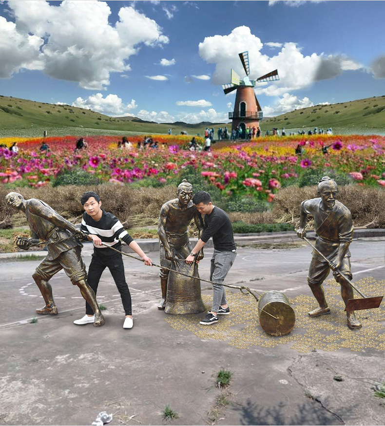 农耕雕塑农业景观小品仿人物石碾广场打稻谷民俗新农村 hy1577-1 收