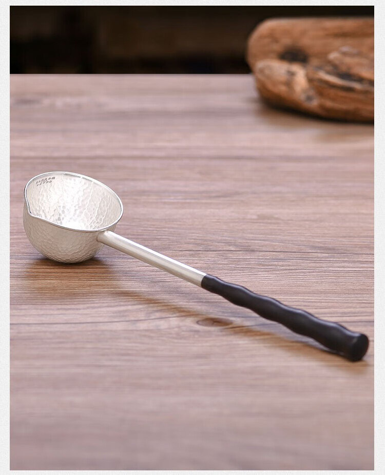 【归银堂】锦鳞檀木长把手分茶勺 足银999手工锤纹茶勺 功夫茶具配件