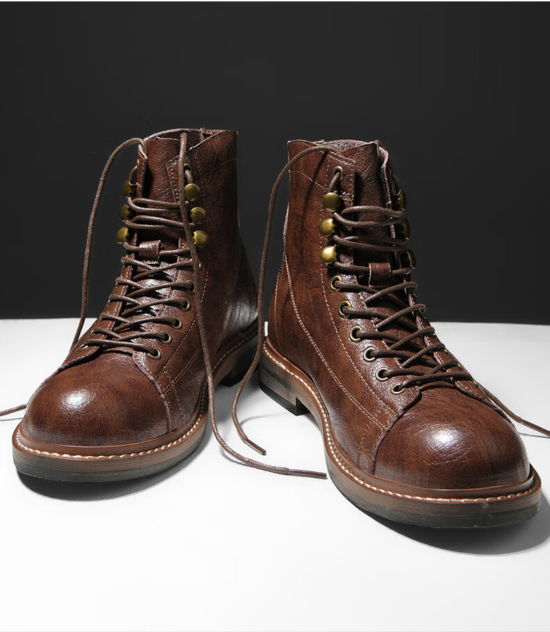 花花公子潮牌男工装靴复古牛皮美式中帮英伦风西部牛仔夏季真皮休闲