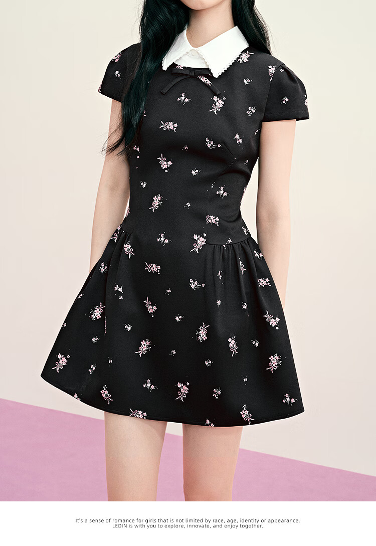 LeTing Original Printed Stiff Fabric Detachable Collar Dress Cypress Green (In Stock) L 25
