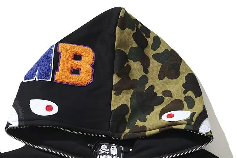 馨舰 潮牌bape同款鲨鱼头骷髅头联名款迷彩拼色卫衣纯棉加绒连帽外套