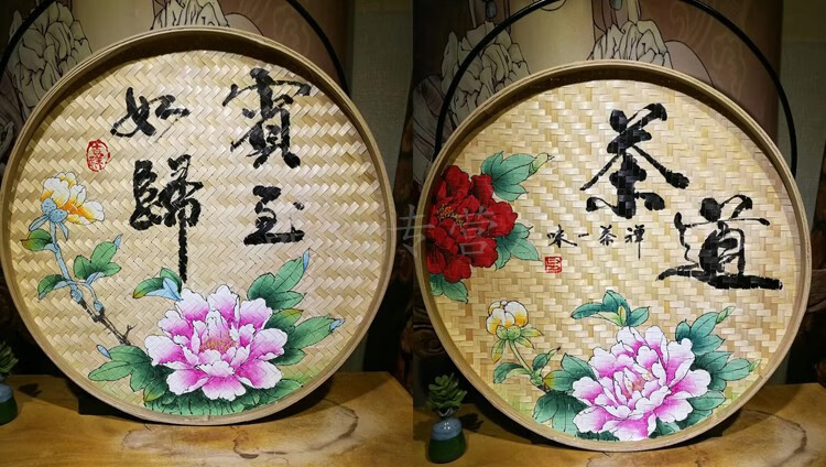 定做竹簸箕画手工画竹匾画竹筛画竹筐画竹编创意画农家乐装饰道具绘画