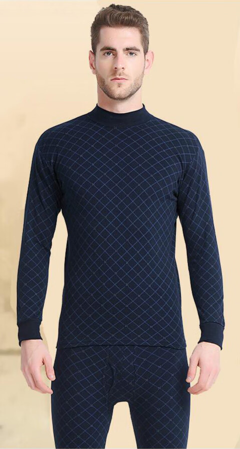 男士棉秋衣秋裤秋冬薄款中老年人保暖内衣套装棉毛衫 中领深蓝 m