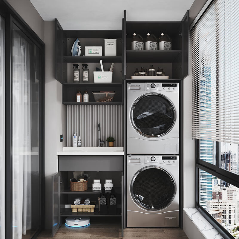 阳台洗衣机烘干机一体柜叠加组合洗衣柜洗衣台洗烘一体厂家定制 洗烘