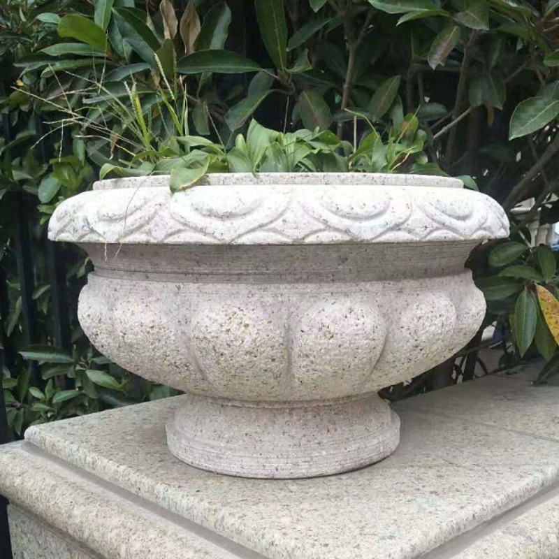 石雕花盆花岗岩黄锈石欧式庭院石花坛圆雕户外黄金麻石头花钵中式