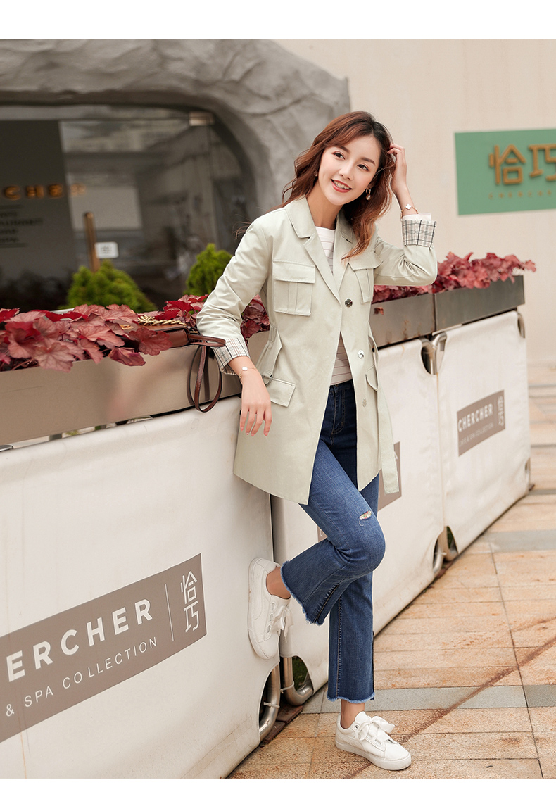 艾路丝婷中长款风衣女装秋装新款韩版收腰开衫小个子工装外套5536米色