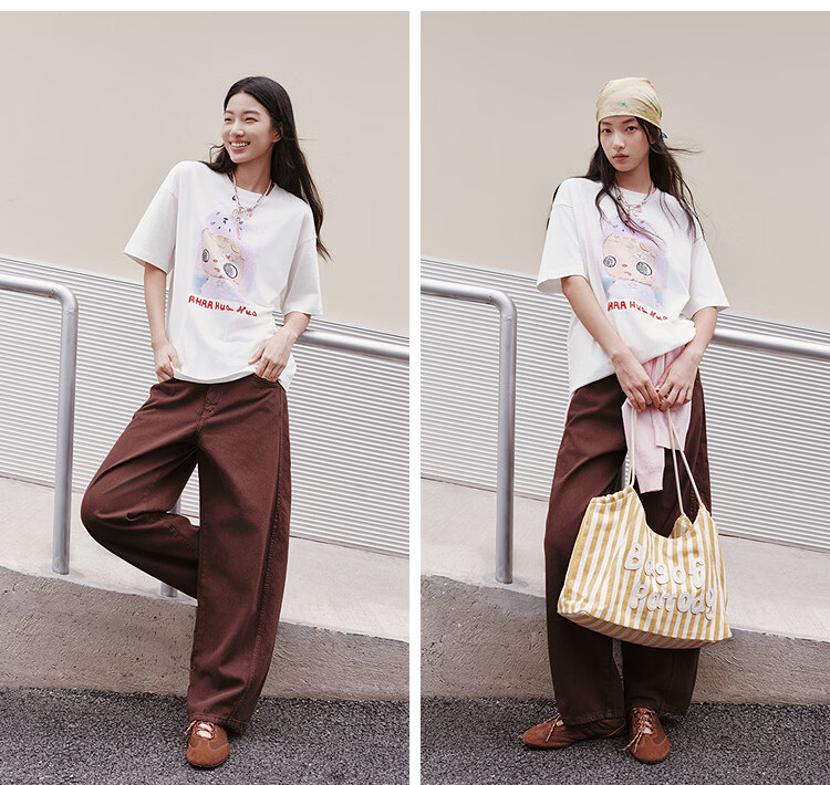 Semir Mall Same Style | Ahaa Women's Short-Sleeve T-Shirt, Summer 2026, Extra Loose Fit, Hand-Drawn Print, Pure Cotton Top, 101526100002 26