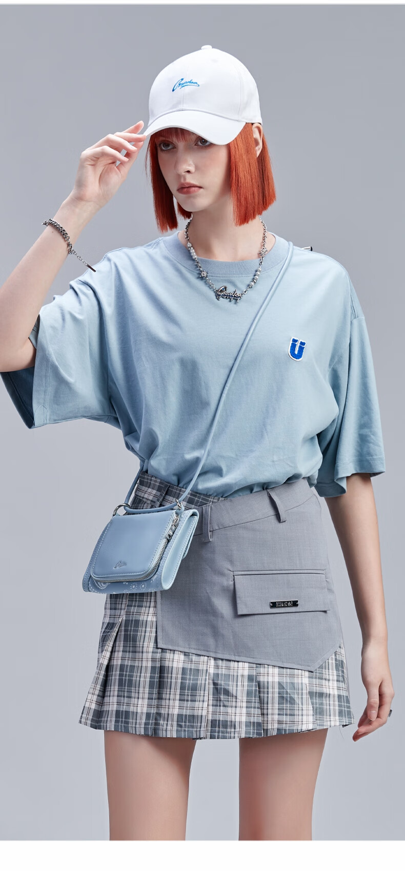 古由卡guuka天空蓝短袖女t恤夏天纯棉情侣嘻哈圆领纯色五分袖运动宽松