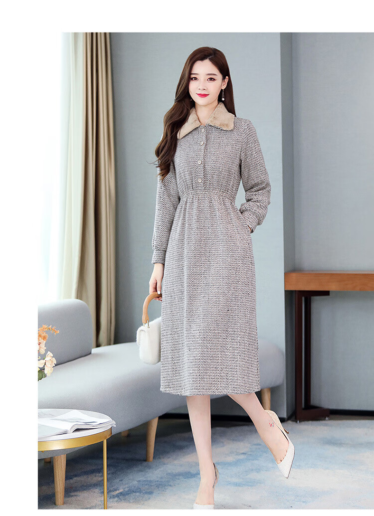 名媛过膝a字裙范翻领时尚气质优雅长袖连衣裙秋2020新款毛呢韩版 图片