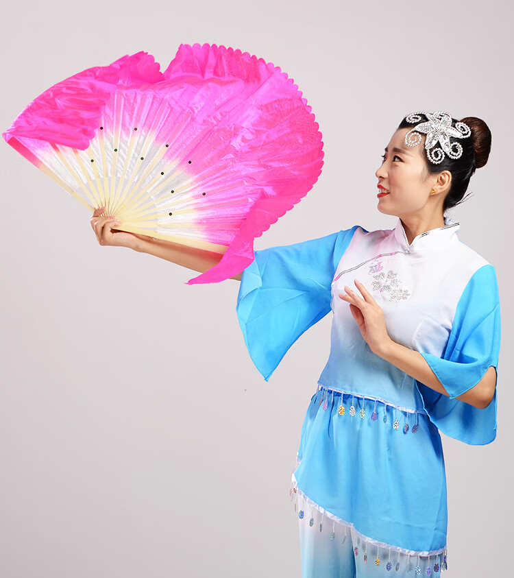 儿童跳舞扇子加长对扇广场舞扇子扭秧歌扇双面成人表演扇玫红左手扇骨