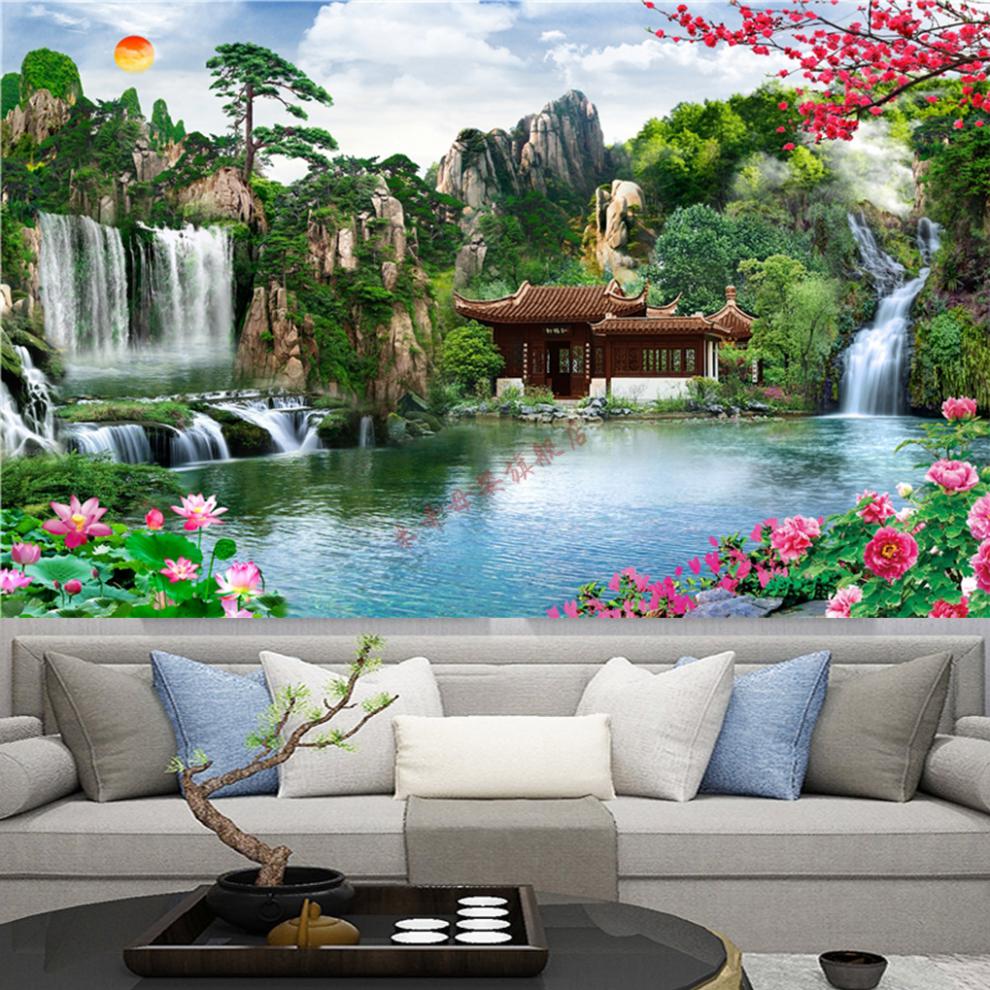 六臂玛哈嘎拉仙堂山水画堂口背景流水生财人间仙境亭子小桥流水客厅