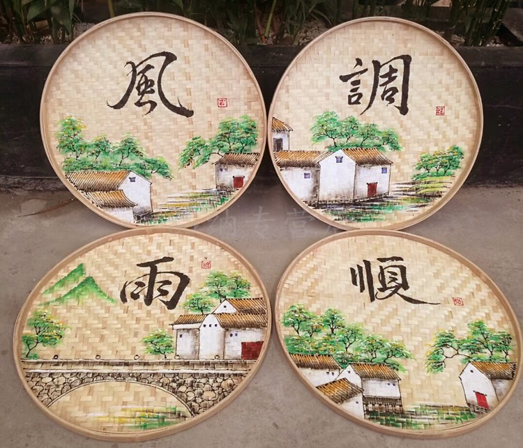 定做竹簸箕画手工画竹匾画竹筛画竹筐画竹编创意画农家乐装饰道具绘画