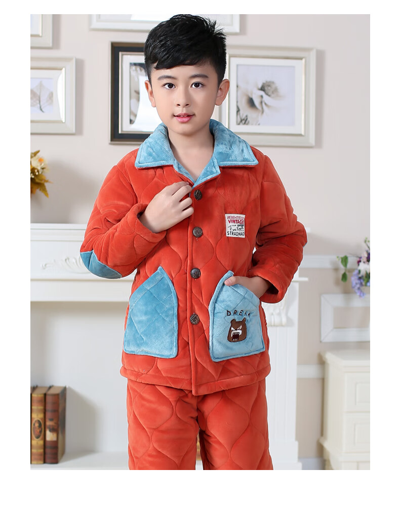 儿童睡衣冬珊瑚绒三层夹棉男童棉袄保暖加绒加厚冬季男孩套装新品