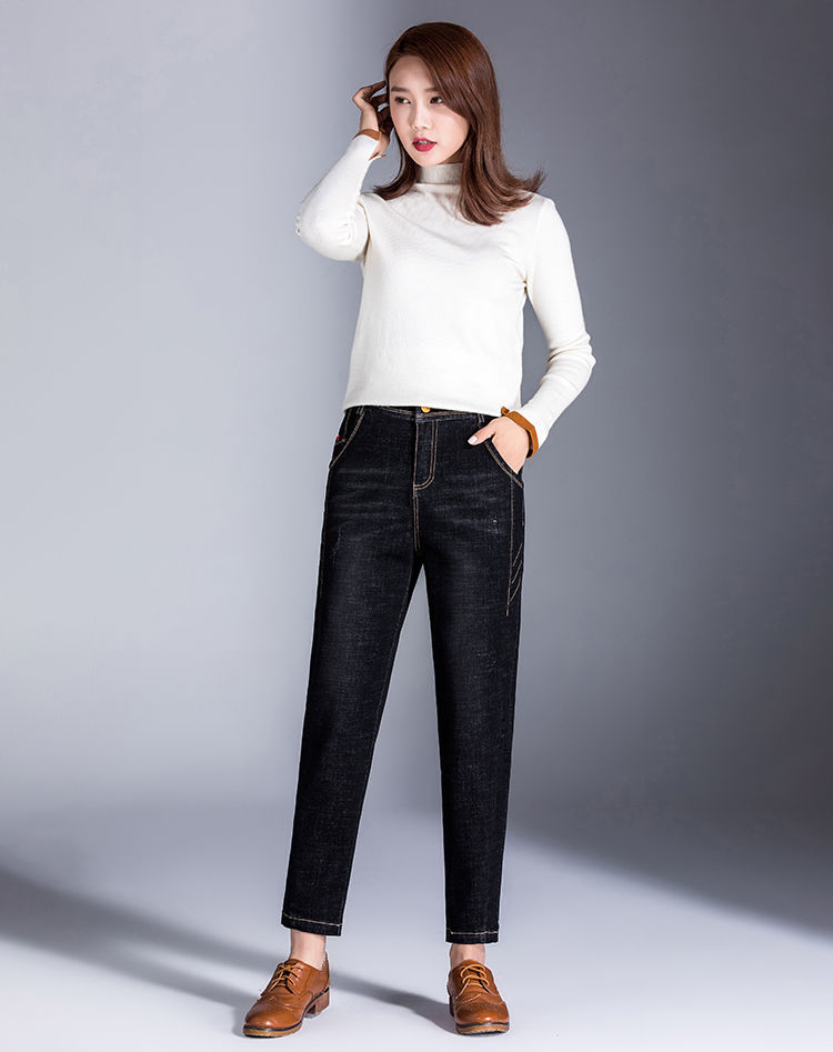 新款秋季韩版高腰牛仔裤女宽松小脚裤百搭修身显瘦哈伦长裤子浅蓝色