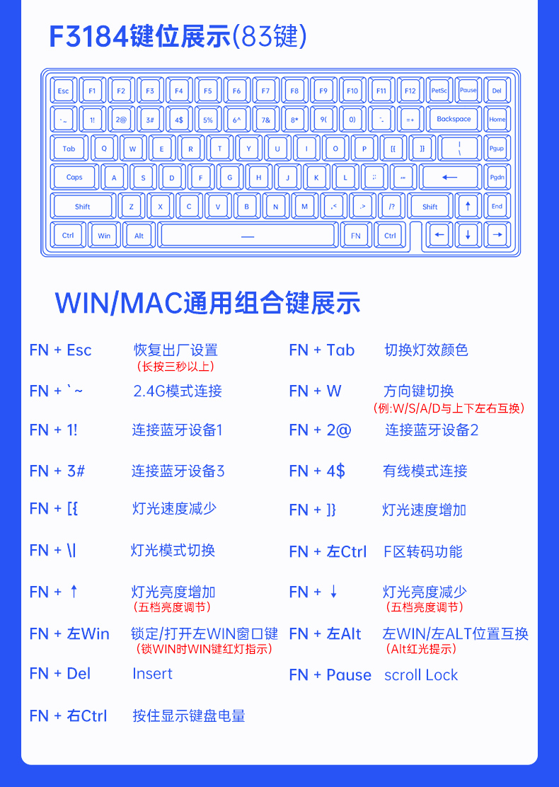 【现货速发】狼蛛(aula)f3184三模客制化机械键盘套件 cnc铝坨坨 83键