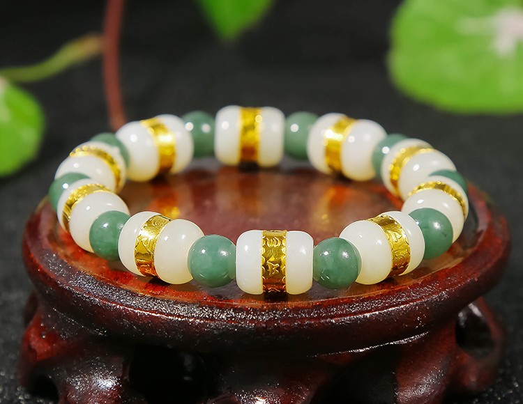 老凤凰黄金手链金镶玉手链路路通999足金玉珠六字真言黄金和田玉转