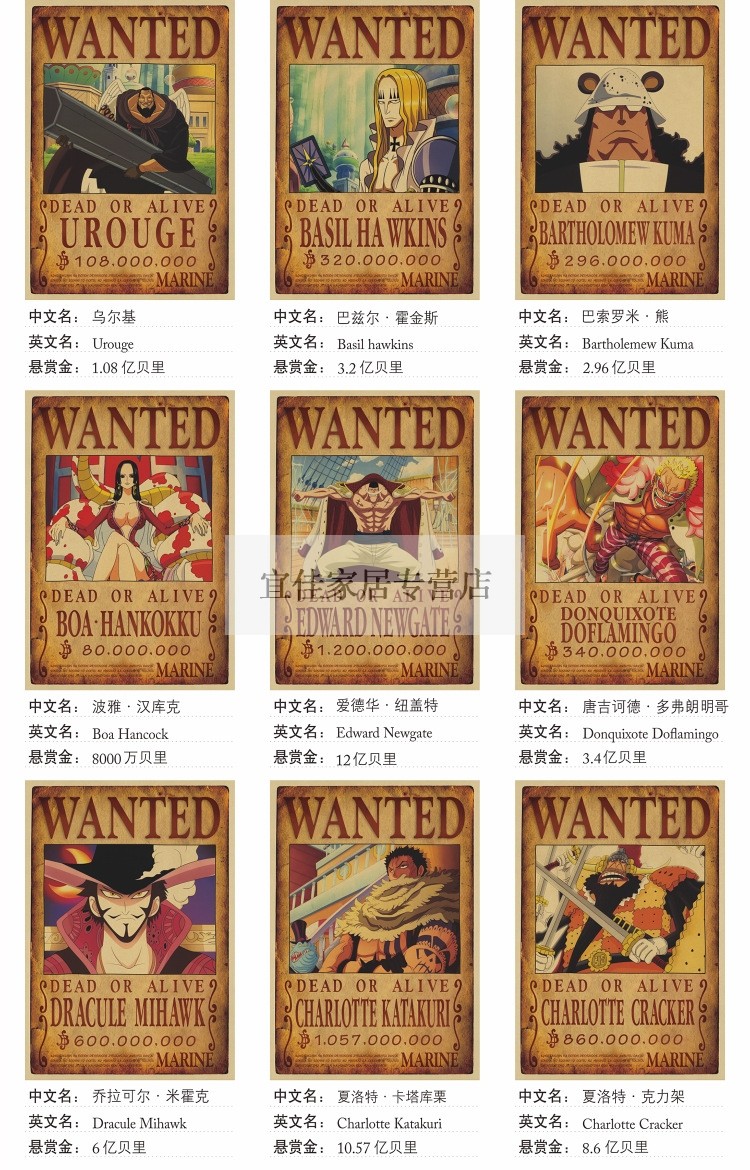 海贼王通缉令 路飞悬赏令 经典日漫动漫海报复古牛皮纸装饰画墙贴