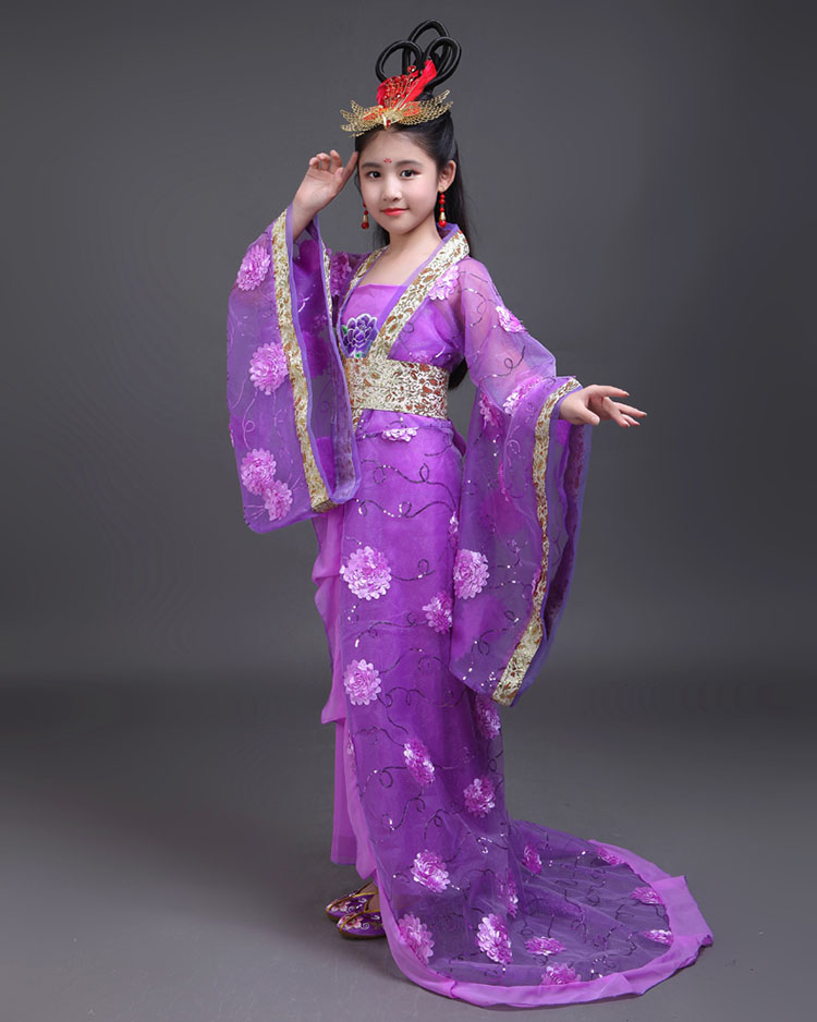 公主贵妃服装儿童汉服拖尾衣服大童仙女装皇后拖地裙 紫色拖尾款衣服