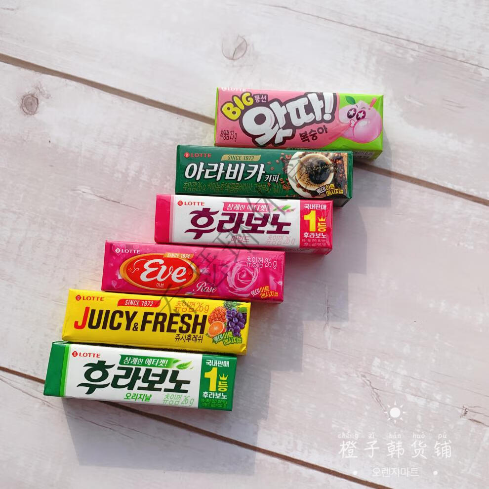 韩国lotte大泡泡水果口香糖条装木糖醇薄荷咖啡乐天水果口香糖6条随机