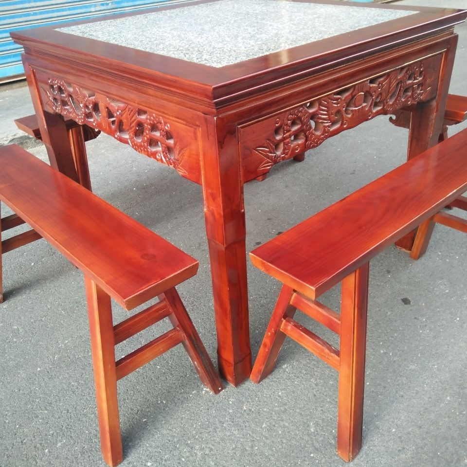 八仙桌全实木老款八仙桌实木桌四方桌餐桌 红花大理石99*99高度84