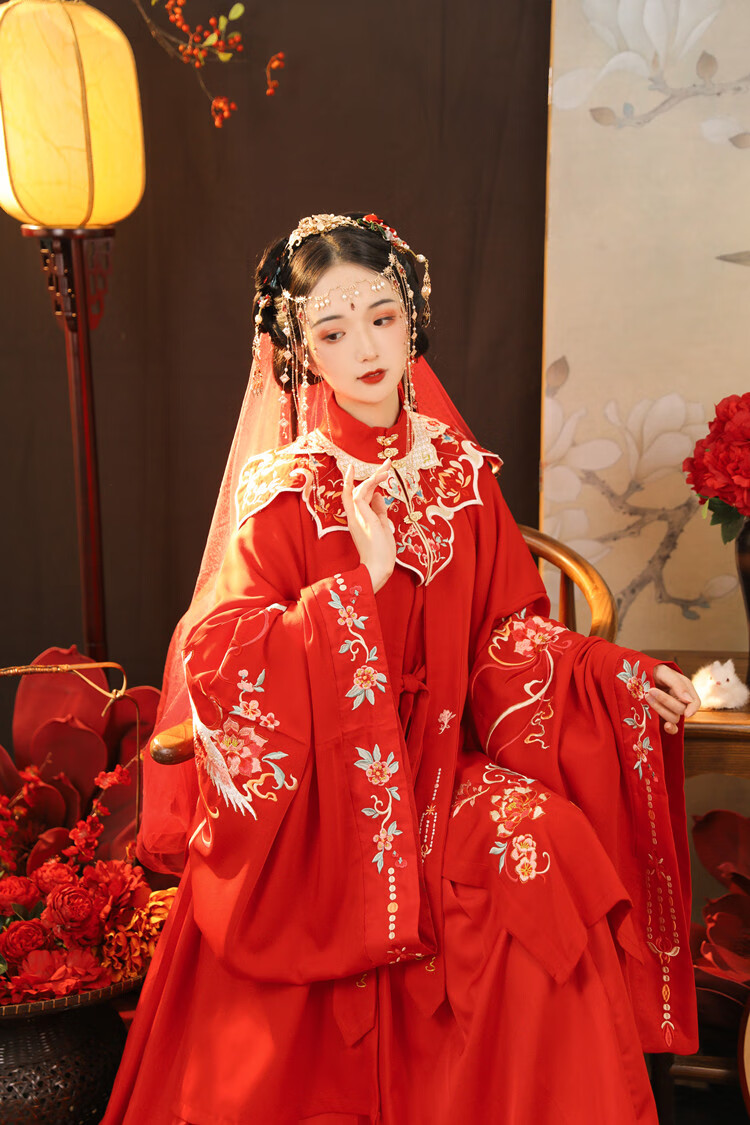 (遇红妆)花嫁汉服明制立领对襟长衫齐腰褶裙云肩秋冬 红色长衫 红裙