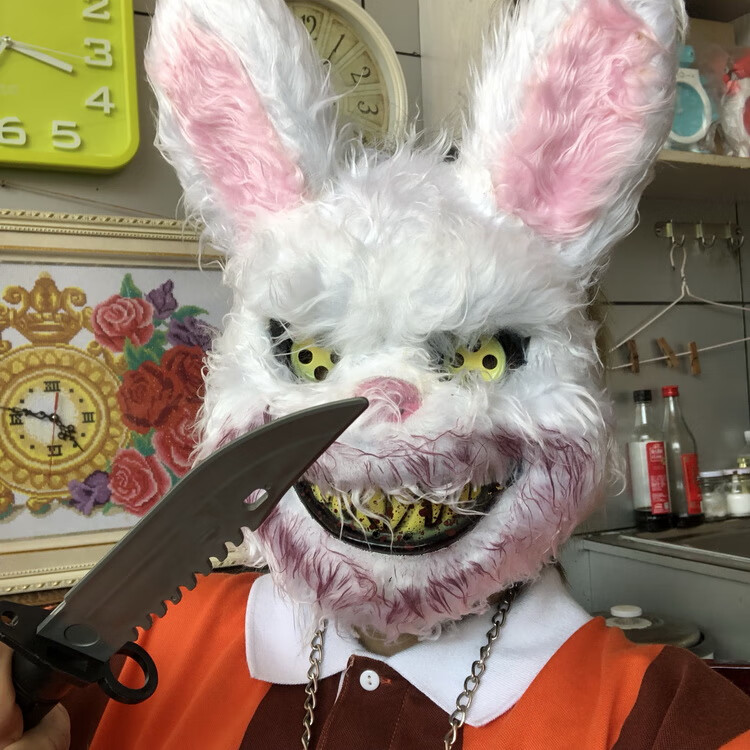 定制血腥兔子面具毛绒cos万圣节恐怖兔面具可爱动物面具血腥吓人兔