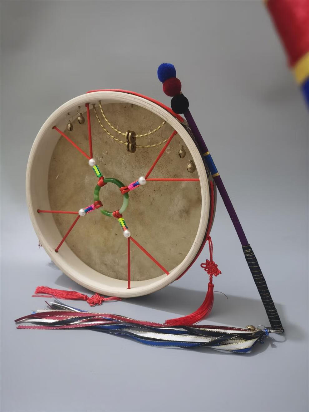 黑牛皮鼓文王鼓二神鼓跳大神鼓镇堂鼓单面手抓鼓藤条鼓鞭 43cm红色