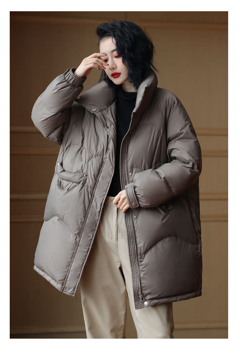 鸭鸭羽绒服女款2022年新品中长款立领纯色百搭时尚休闲鸭绒外套c