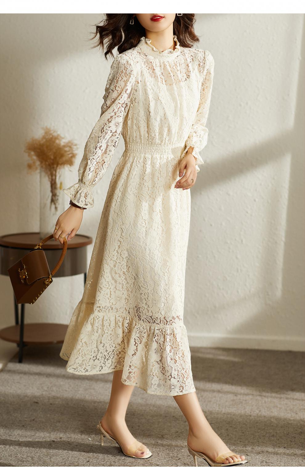 梵希蔓木耳边领镂空蕾丝连衣裙女2021秋冬新款浪漫气质仙女公主裙 f